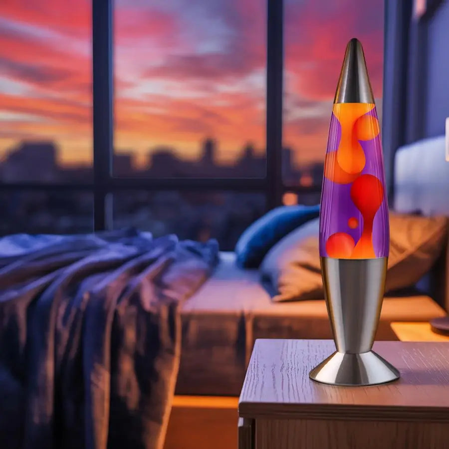JAMBO 16 Beautiful Lamp Purple with Yellow Orange Wax, Relaxing Liquid Light, Night Light Nightlight, Home Decor Living Room Of