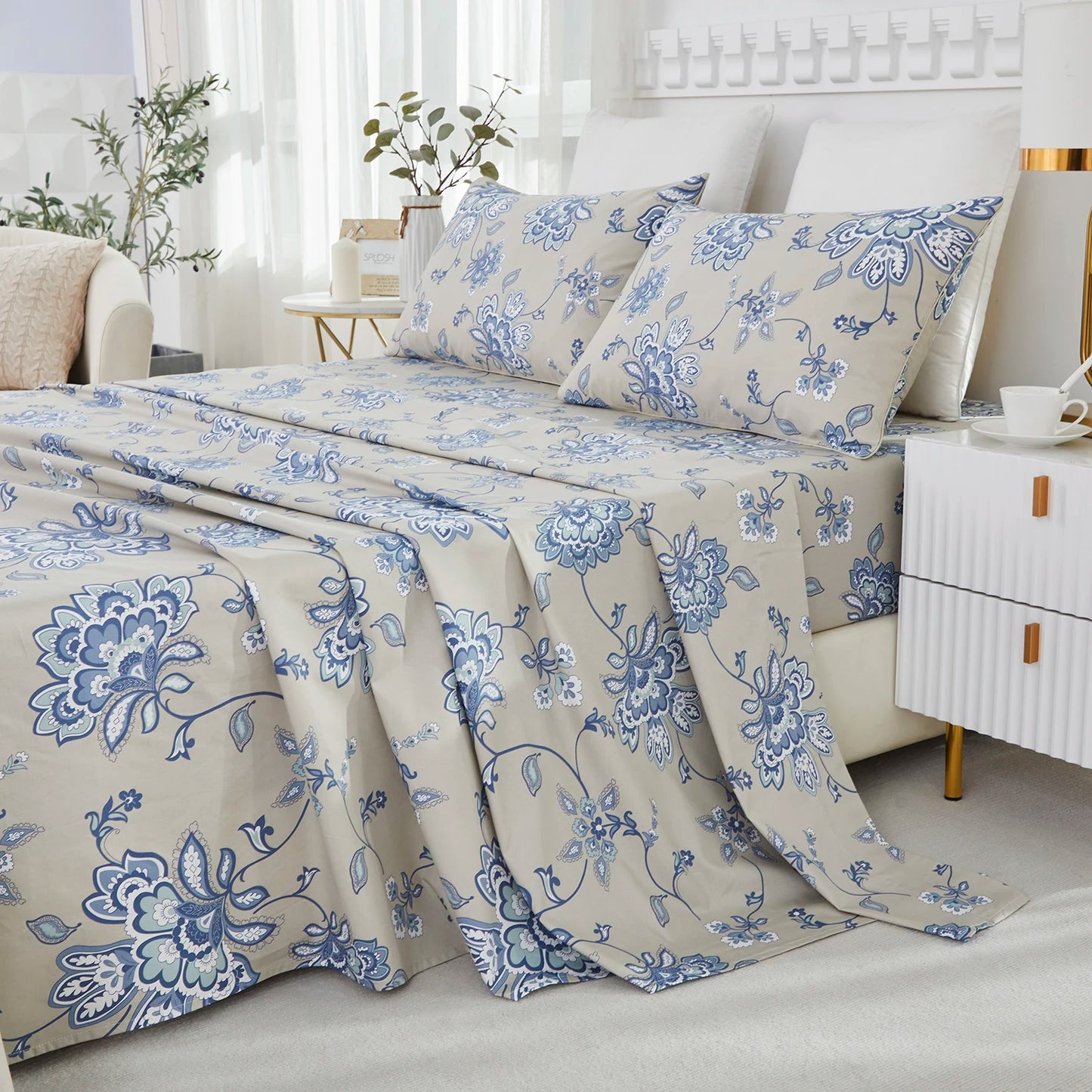 4pcs 600TC 100% Egyptian Cotton Sheet Set, Blue Boho Damask Paisley Floral, Soft Skin-Friendly (No Inserts)