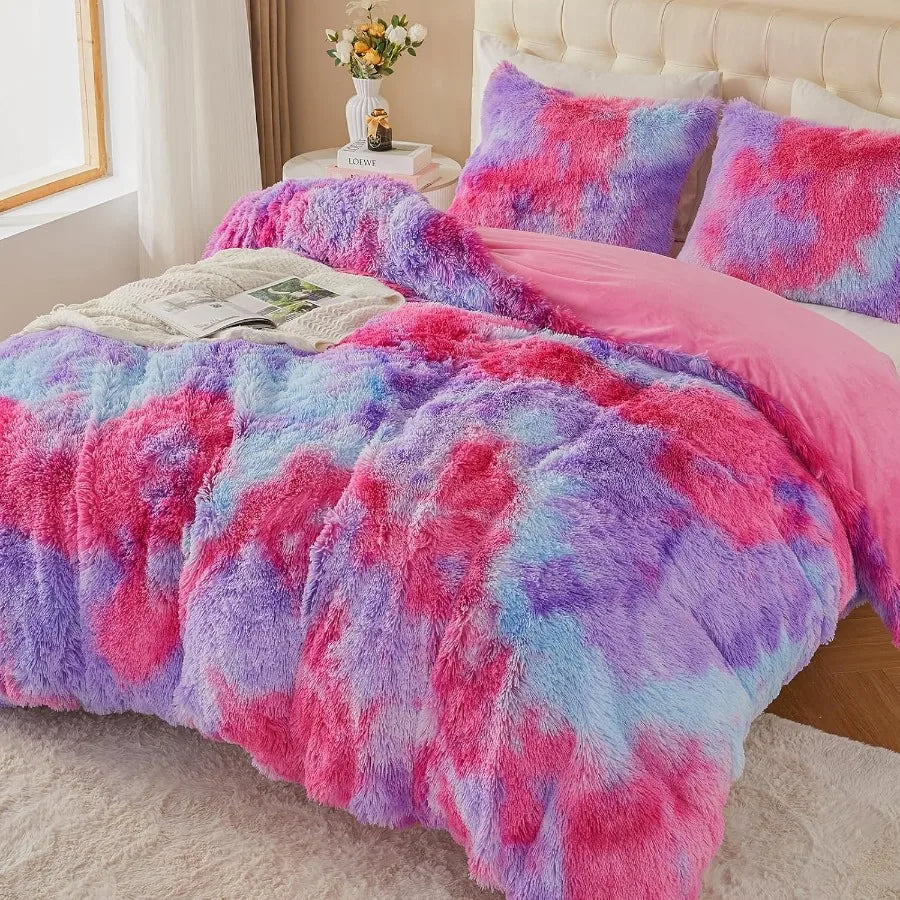 King Size Luxury Fuzzy Duvet Cover Set with Shaggy and Plush Soft Bedding in Rainbow Pink Purple for King Bed