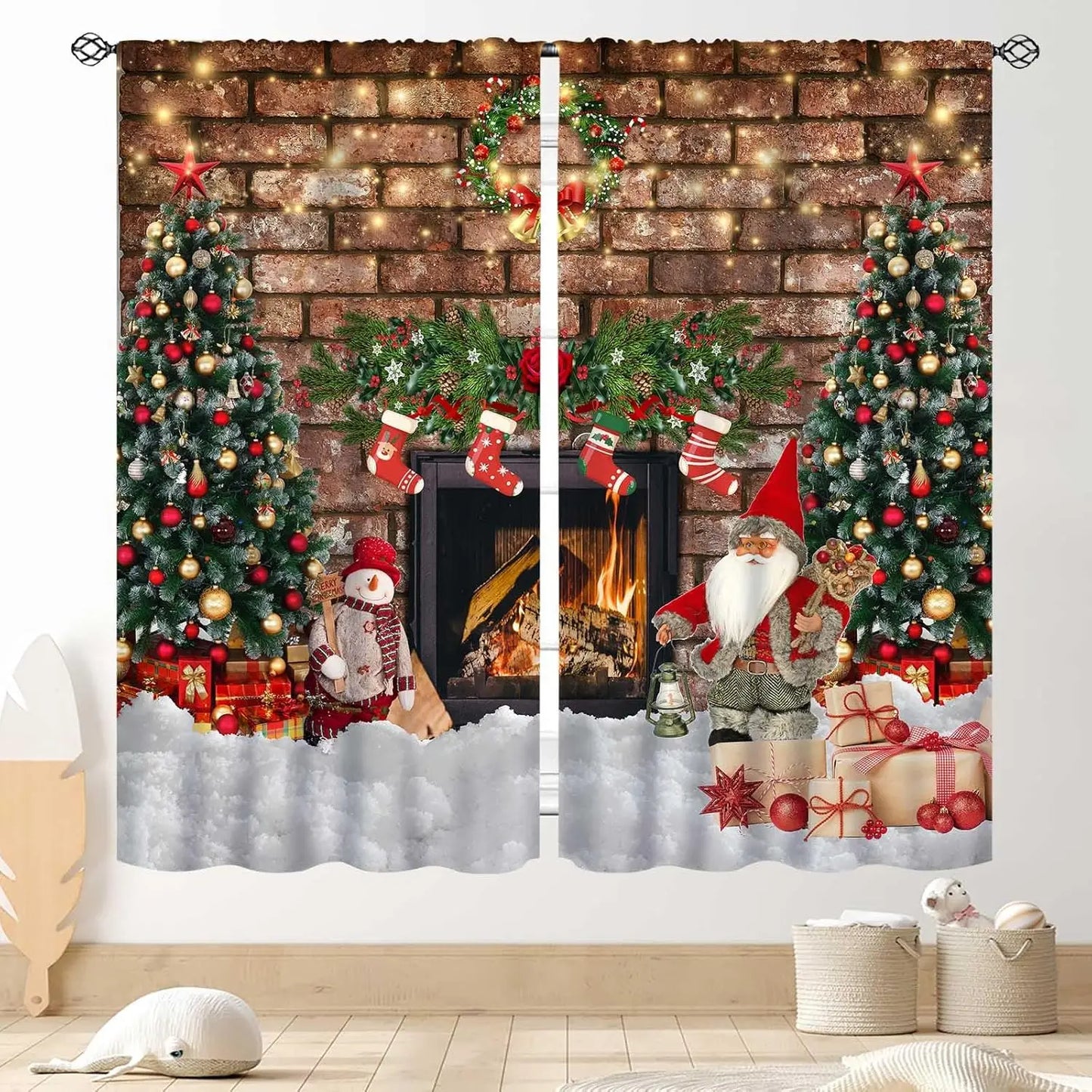 Christmas Tree Curtains, Xmas New Year Winter Snow Forest Merry Christmas Tree Shaped Party Decor Window Drapery Treatments for