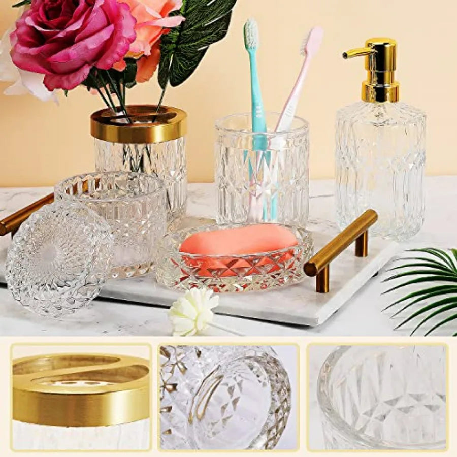 5Pcs Glass Bathroom Accessories Complete Set Lotion Dispenser Soap Dish Toothbrush Holder Tumbler Cotton Swab Jars Modern Bathr