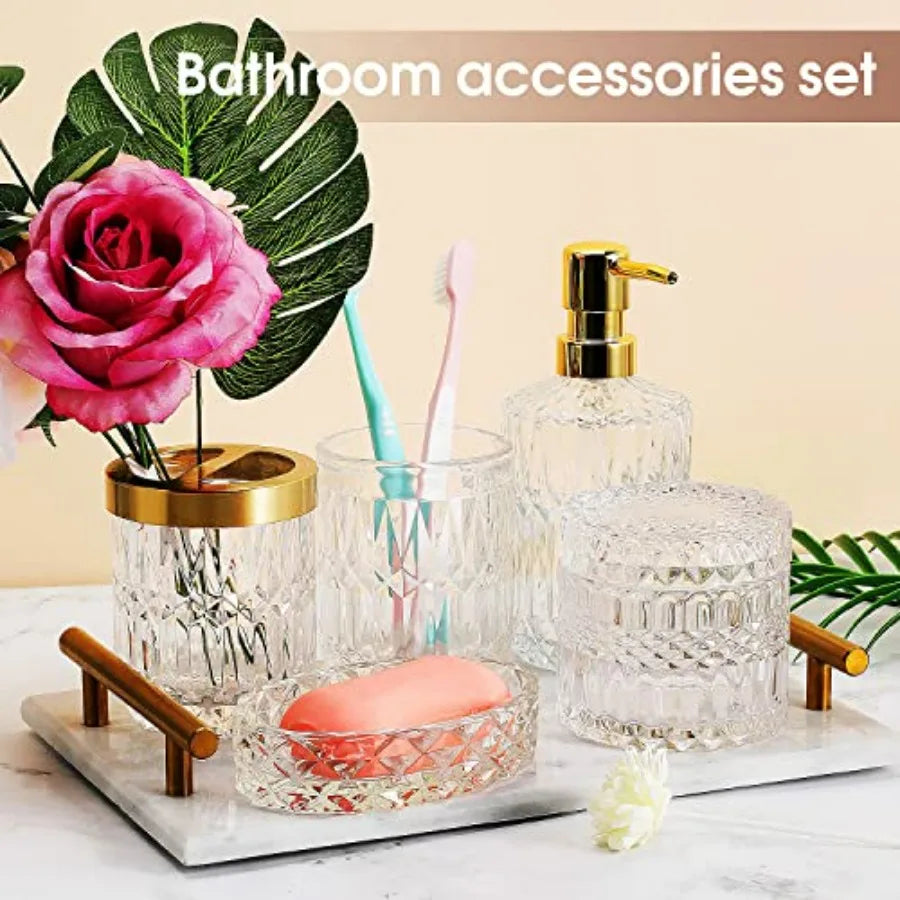 5Pcs Glass Bathroom Accessories Complete Set Lotion Dispenser Soap Dish Toothbrush Holder Tumbler Cotton Swab Jars Modern Bathr