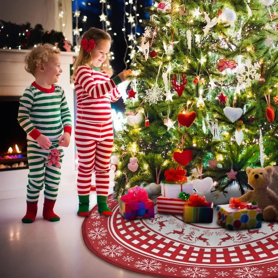48 Inch Red Christmas Tree Skirt with Snowflake and Reindeer Design for Rustic Farmhouse Holiday Decor Ideal for Indoor and Out