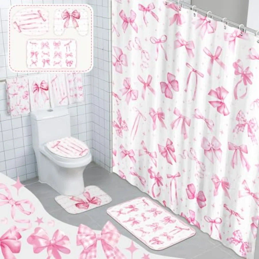 8 Pcs Pink Bow Shower Curtain Set for Bathroom Decor Cute Coquette Aesthetic Girly Bathroom Accessories with Towels Carpet Bath