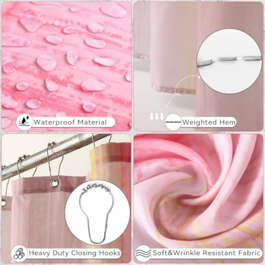 Pink and Gold Bathroom Set with Shower Curtain and Rugs Includes Trash Can Soap Dispenser and Soap Dish for Home Decor