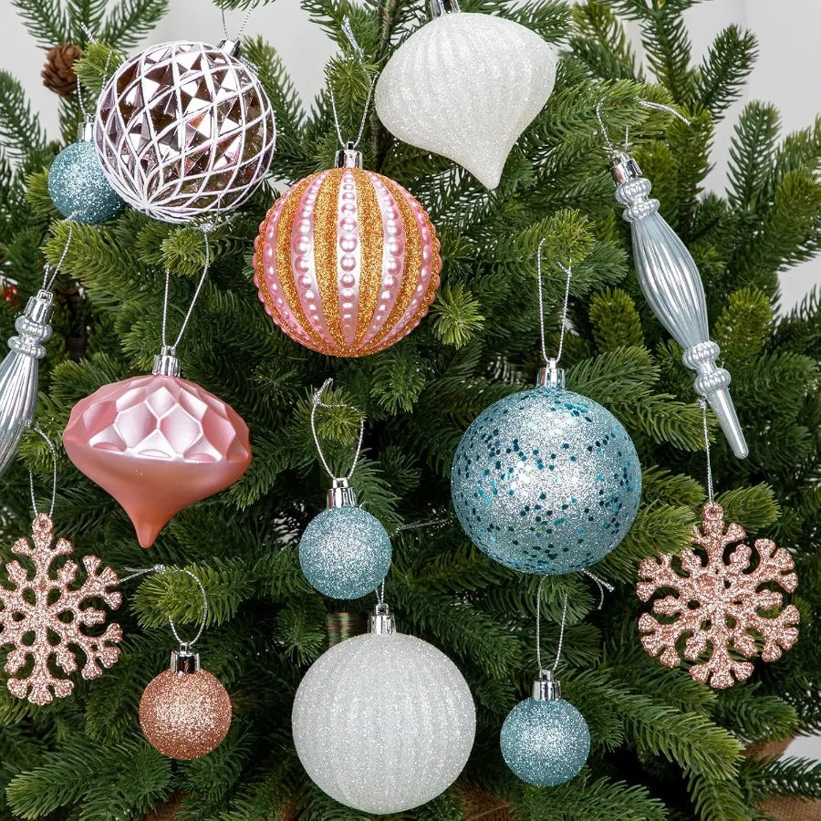50pcs Glitter Pink Blue and White Shatterproof Christmas Ball Ornaments Set with Snowflakes Design for Holiday Tree Wreath Garl
