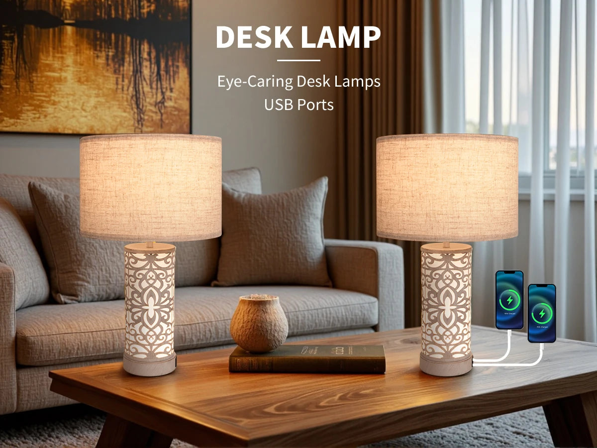 Retro Farmhouse Table Lamp with Multi-Function and Dimmable, Two Packs + 2 USB Ports with Night Light for Living Room, Bedroom and Bedside Table Study, Including Bulb