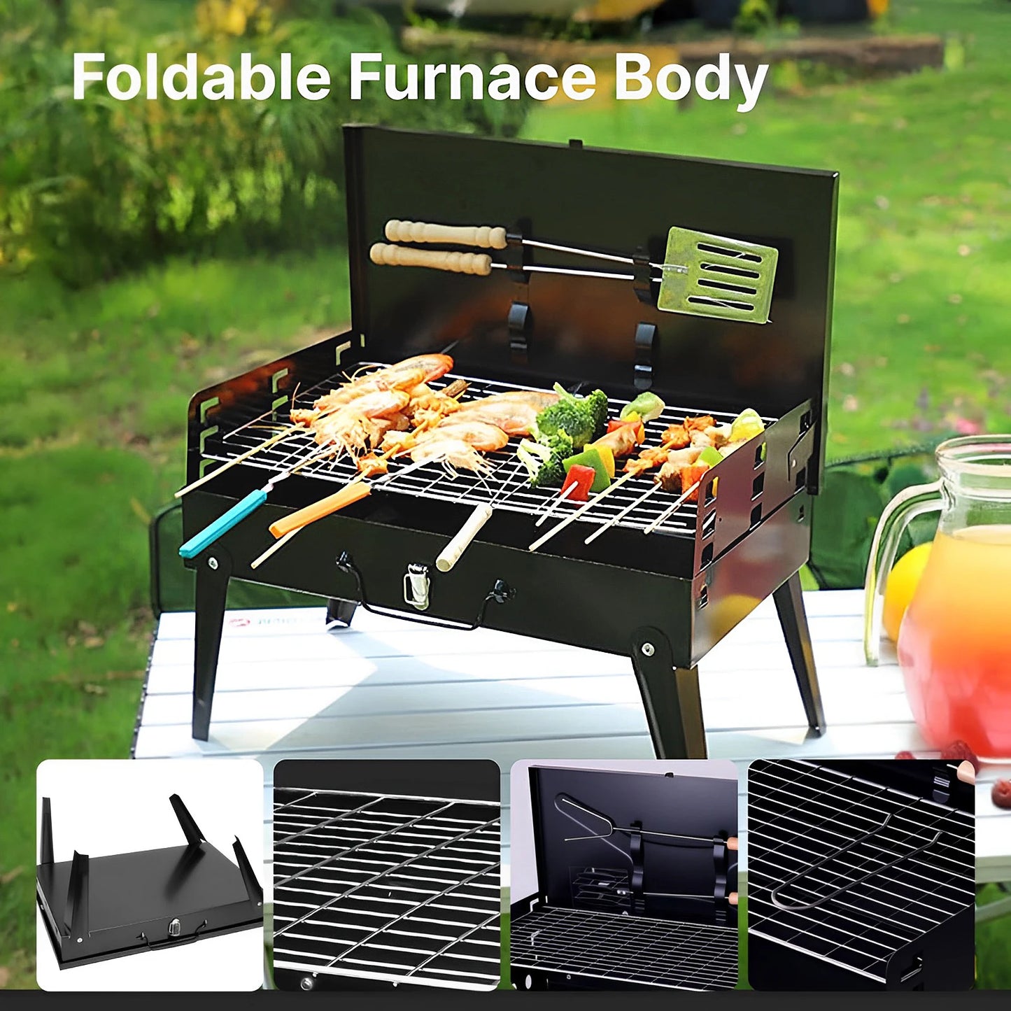 Portable Charcoal Grill, Foldable BBQ Grill with Adjustable Heights, Durable & Compact, Easy to Clean, Perfect for Camping, Tail