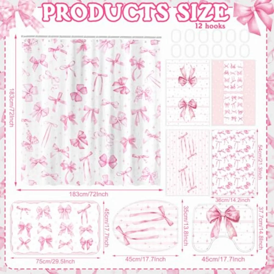 8 Pcs Pink Bow Shower Curtain Set for Bathroom Decor Cute Coquette Aesthetic Girly Bathroom Accessories with Towels Carpet Bath
