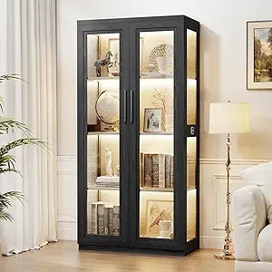 Curio Cabinet with Glass Doors, Bookcase with 4 Shelves, Display Cabinets for Collectibles, China Cabinet with 3 Color LED Light