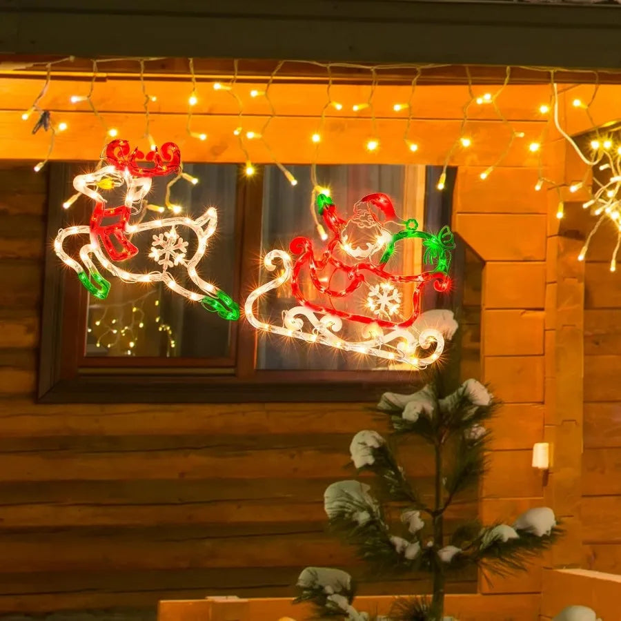 Lighted Santa in Sleigh with Reindeer Christmas Window Silhouette Lights Decorations for Home Party Patio Lawn Garden Animated
