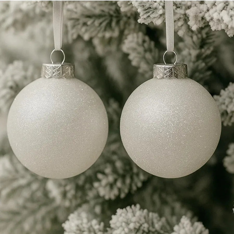 28pc White Christmas Ball Ornaments for Farmhouse Tree Holiday Xmas Decorations Large Shatterproof Plastic 3.15 Inch Glitter Sn