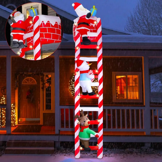 10FT Christmas Inflatable Decoration Giant Lighted Ladder to Chimney Climbed with Reindeer Santa Snowman Xmas Blowups