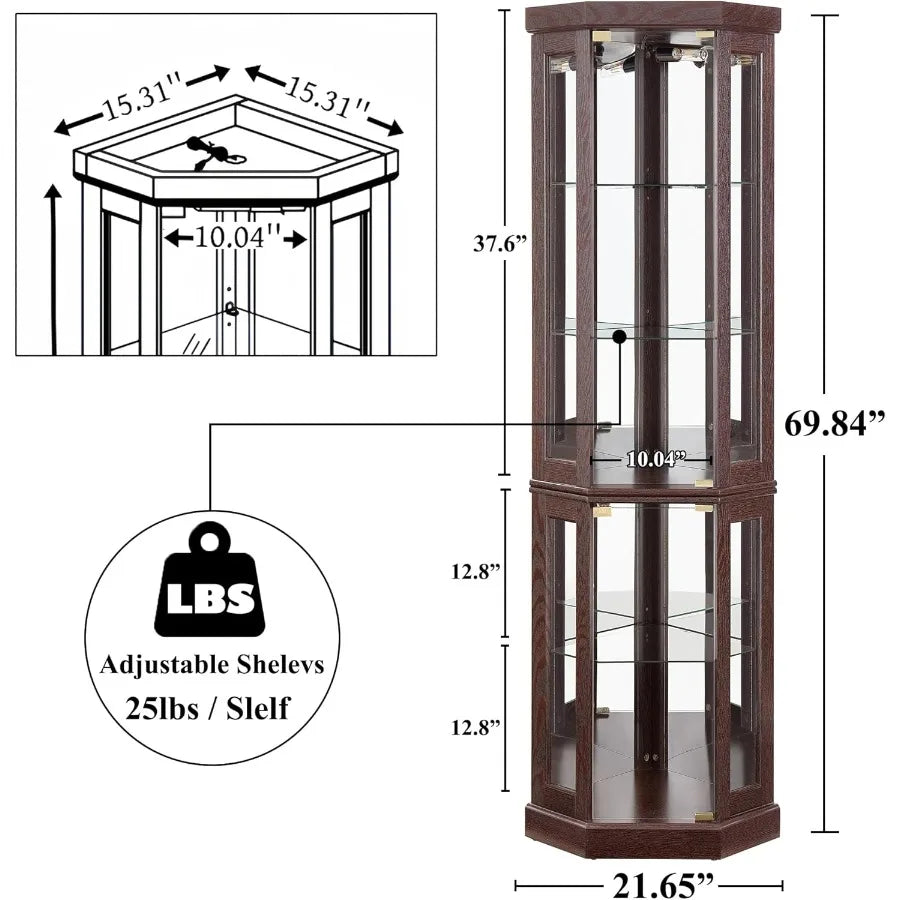 69 H Lighted Curio Cabinet Corner Display CaseCorner Glass Cabinet with Tempered Glass Door and Adjustable Shelves Wooden Curio