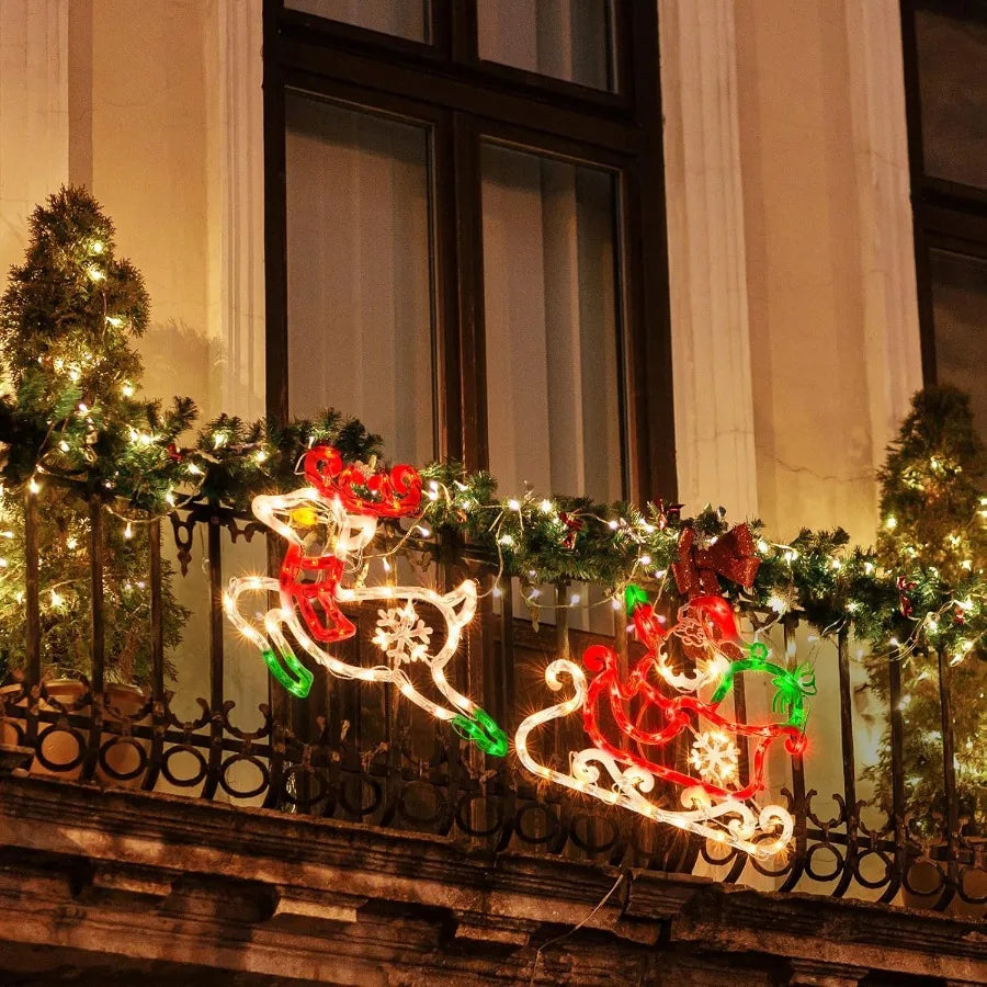Lighted Santa in Sleigh with Reindeer Christmas Window Silhouette Lights Decorations for Home Party Patio Lawn Garden Animated