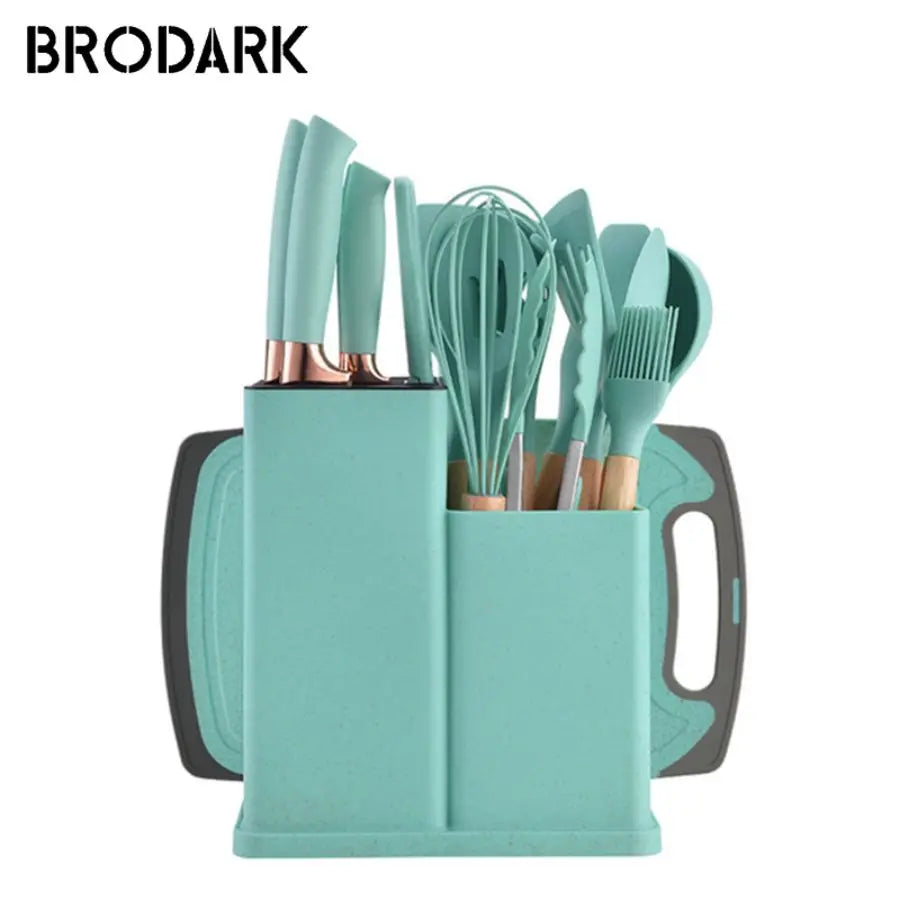 19pcs Food Grade Silicone Brodark Kitchenware Set, Cooking Spoon, Shovel, Cutting Board, Fruit Knife, Chef Knife, Combination Se