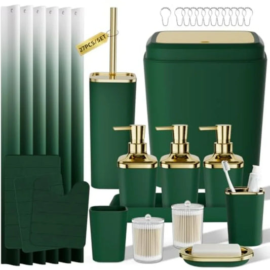 Bathroom Sets with Shower Curtain and Rugs 27PC Bathroom Accessory Set Green Bathroom Set Green and Gold Bathroom Accessories S
