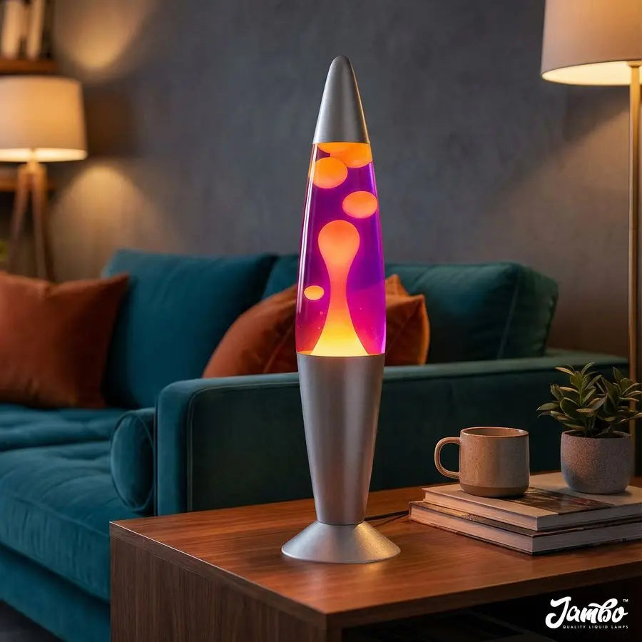 JAMBO 16 Beautiful Lamp Purple with Yellow Orange Wax, Relaxing Liquid Light, Night Light Nightlight, Home Decor Living Room Of