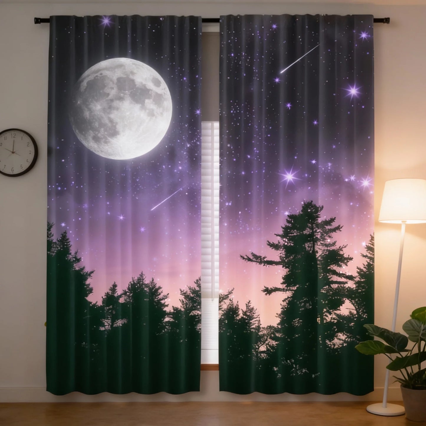 2pcs Forest Starry Sky Moon Night Curtains - Black Rod Pocket Window with Crescent Moon & Starry Sky Design, Perfect for Bedroom
