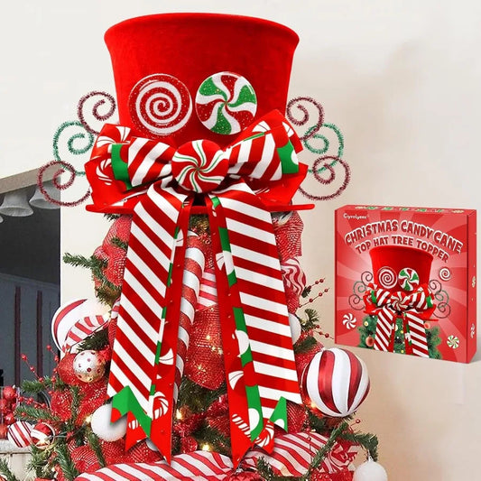 Festive Christmas Candy Canes Tree Topper with Red Hat and Peppermint Bows Ornament for Winter Holiday Home Decoration Ideal fo