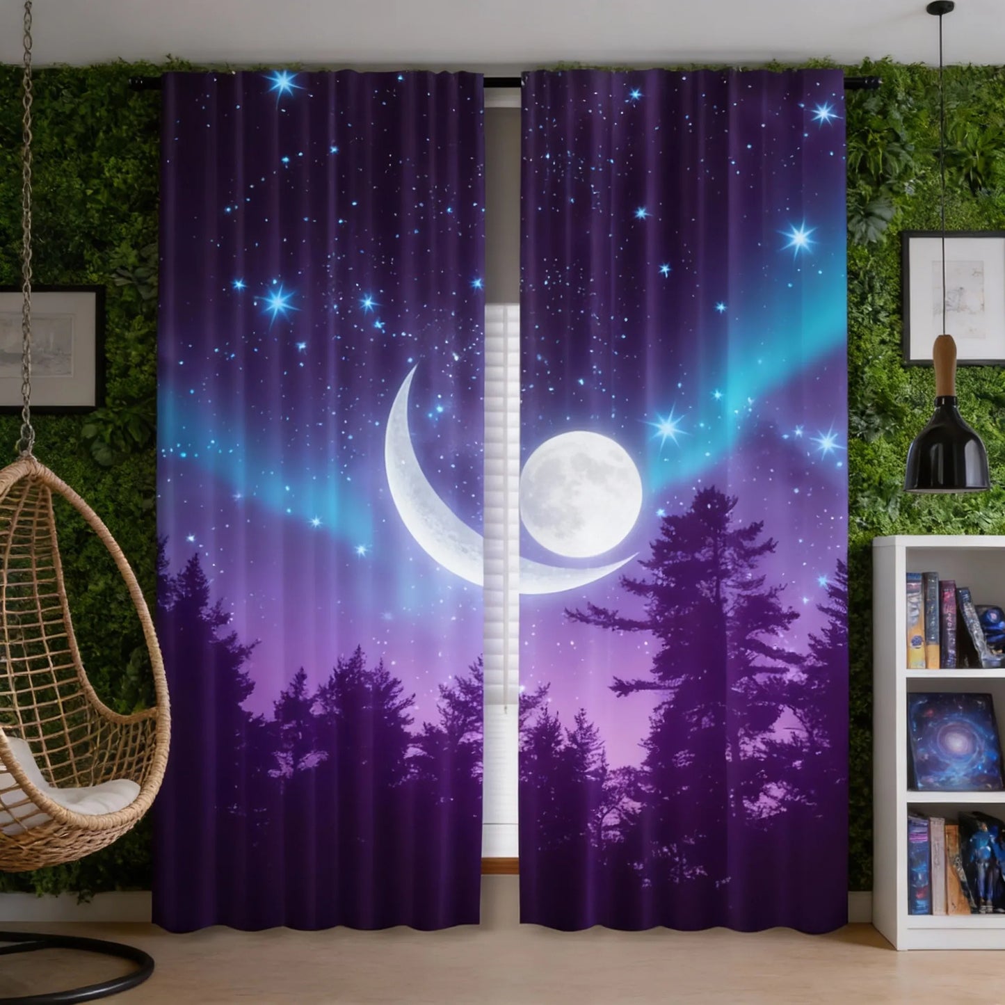2pcs Forest Starry Sky Moon Night Curtains - Black Rod Pocket Window with Crescent Moon & Starry Sky Design, Perfect for Bedroom