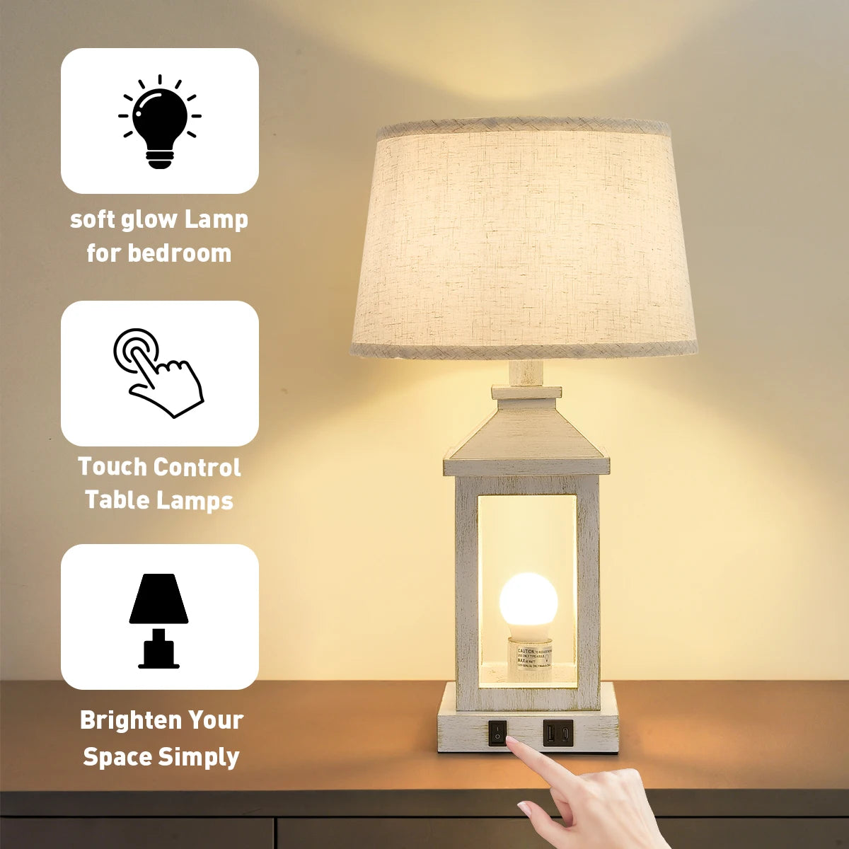 2-Pack 21" Retro Farmhouse Table Lamp for Living Room Bedroom Nightstand  Touch Control Bedside Nightlight Vintage Modern Lamp