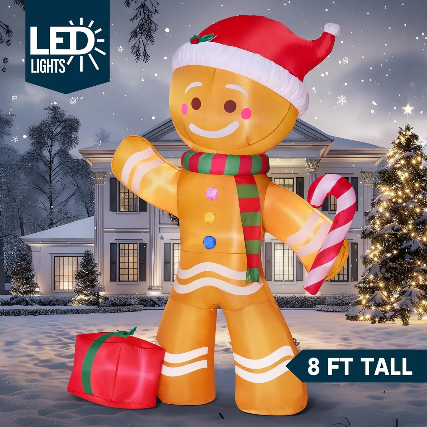 JOYFY 8 FT Christmas Inflatable Gingerbread Man with Candy Cane with Build-in LEDs for Xams Party Outdoor Décor