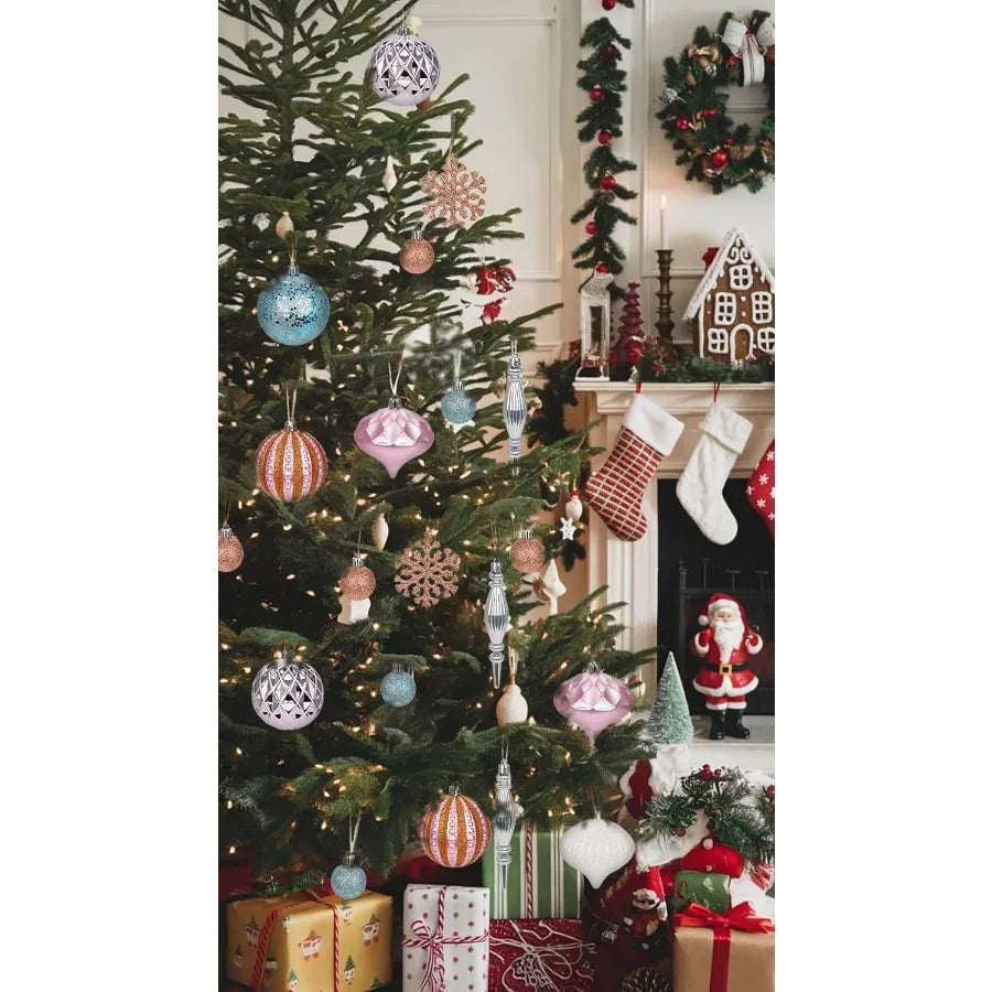 50pcs Glitter Pink Blue and White Shatterproof Christmas Ball Ornaments Set with Snowflakes Design for Holiday Tree Wreath Garl