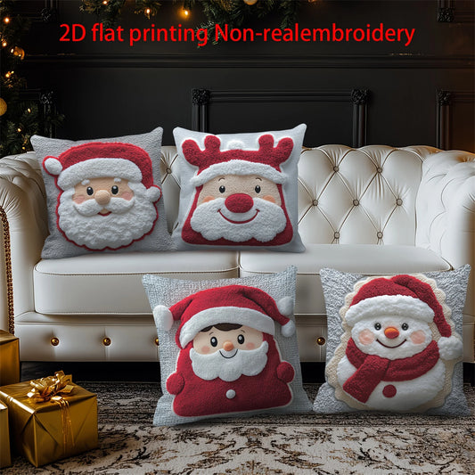 Set of 4 Christmas Pillow Covers with Festive Cartoon Prints - Decorative Holiday Cushion Cases for Sofa Couch Bed