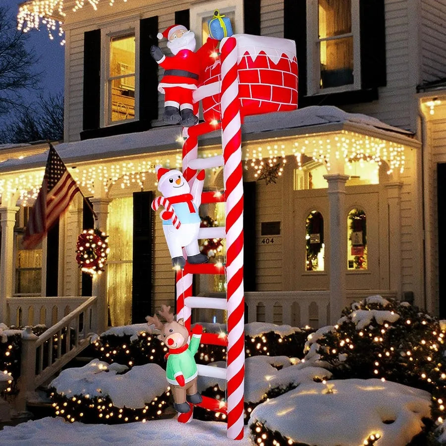 10FT Christmas Inflatable Decoration Giant Lighted Ladder to Chimney Climbed with Reindeer Santa Snowman Xmas Blowups