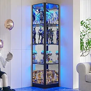 Display Cabinet with Glass Doors, 68" Corner Curio Cabinets with LED Lights, 4-Tier Glass Display Case for Collectibles/Toys/Boo
