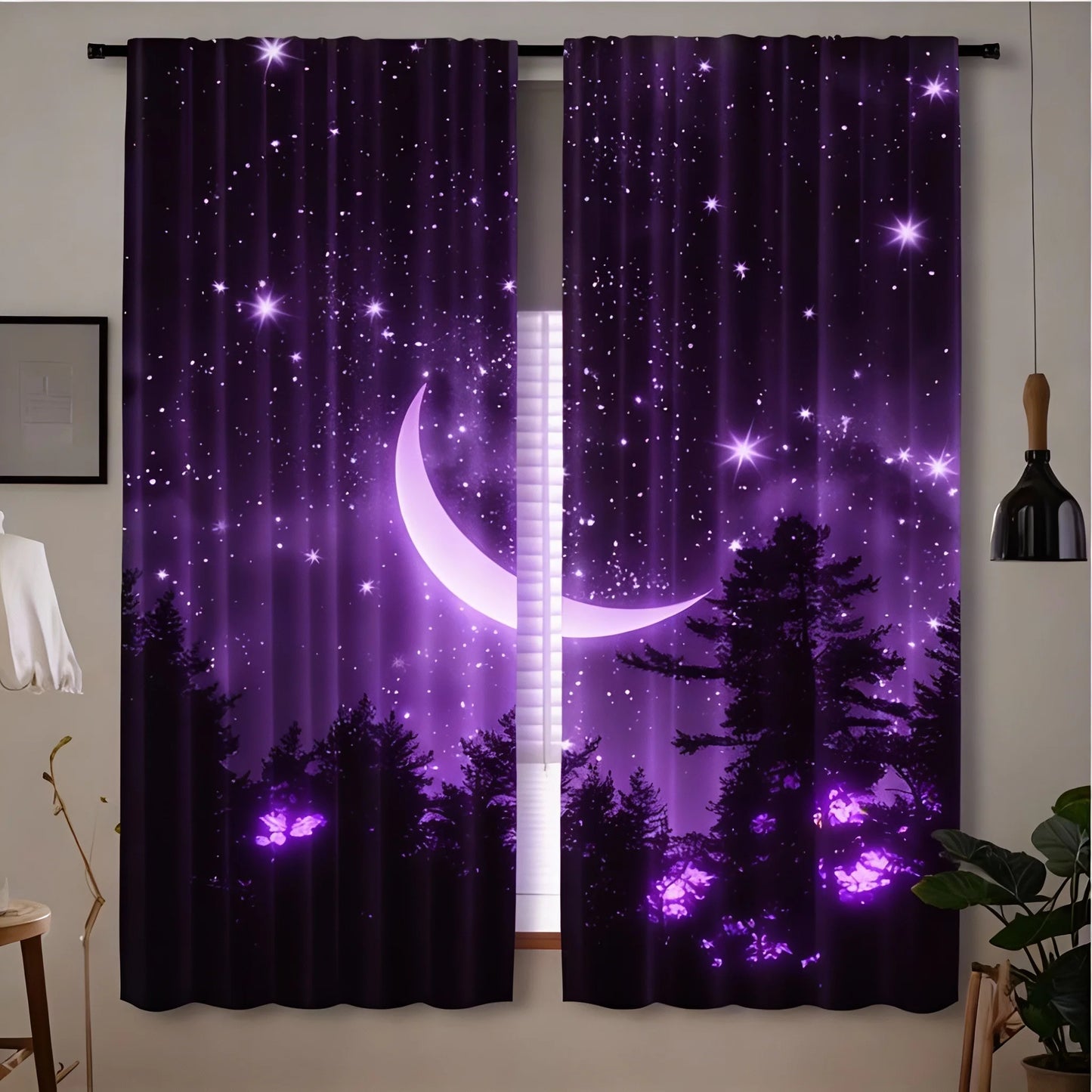 2pcs Forest Starry Sky Moon Night Curtains - Black Rod Pocket Window with Crescent Moon & Starry Sky Design, Perfect for Bedroom