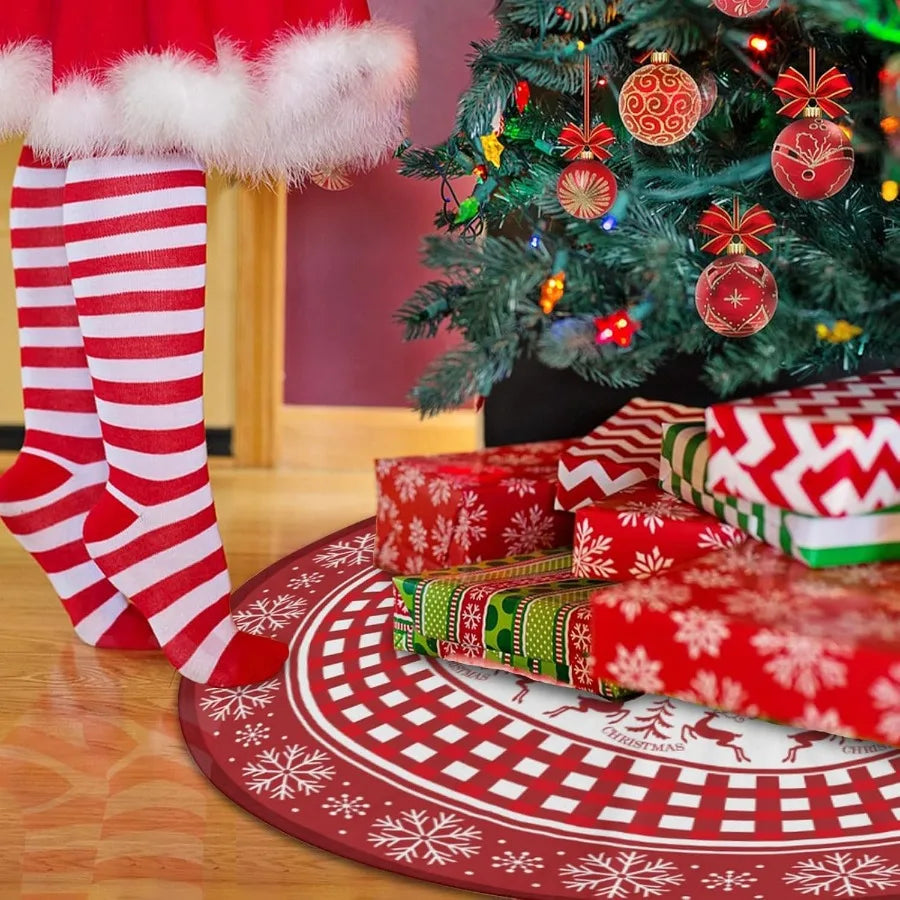 48 Inch Red Christmas Tree Skirt with Snowflake and Reindeer Design for Rustic Farmhouse Holiday Decor Ideal for Indoor and Out