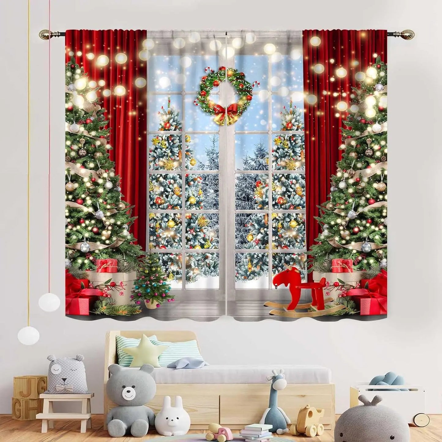 Christmas Tree Curtains, Xmas New Year Winter Snow Forest Merry Christmas Tree Shaped Party Decor Window Drapery Treatments for