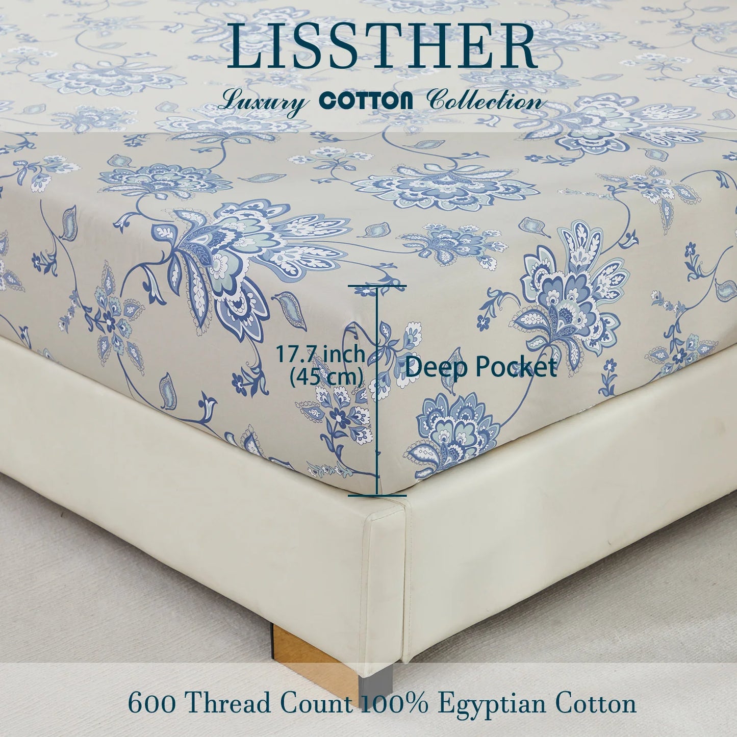 4pcs 600TC 100% Egyptian Cotton Sheet Set, Blue Boho Damask Paisley Floral, Soft Skin-Friendly (No Inserts)
