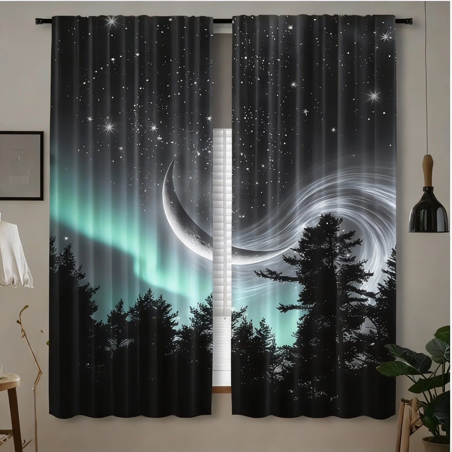 2pcs Forest Starry Sky Moon Night Curtains - Black Rod Pocket Window with Crescent Moon & Starry Sky Design, Perfect for Bedroom