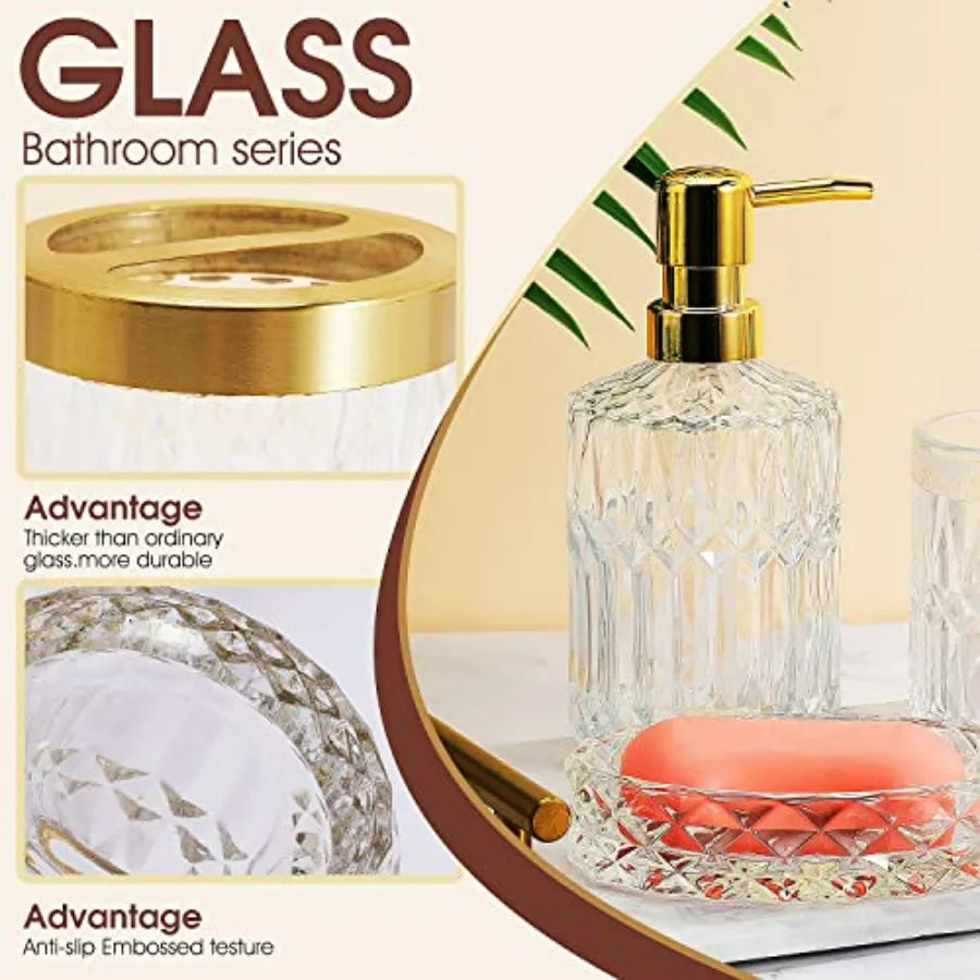 5Pcs Glass Bathroom Accessories Complete Set Lotion Dispenser Soap Dish Toothbrush Holder Tumbler Cotton Swab Jars Modern Bathr