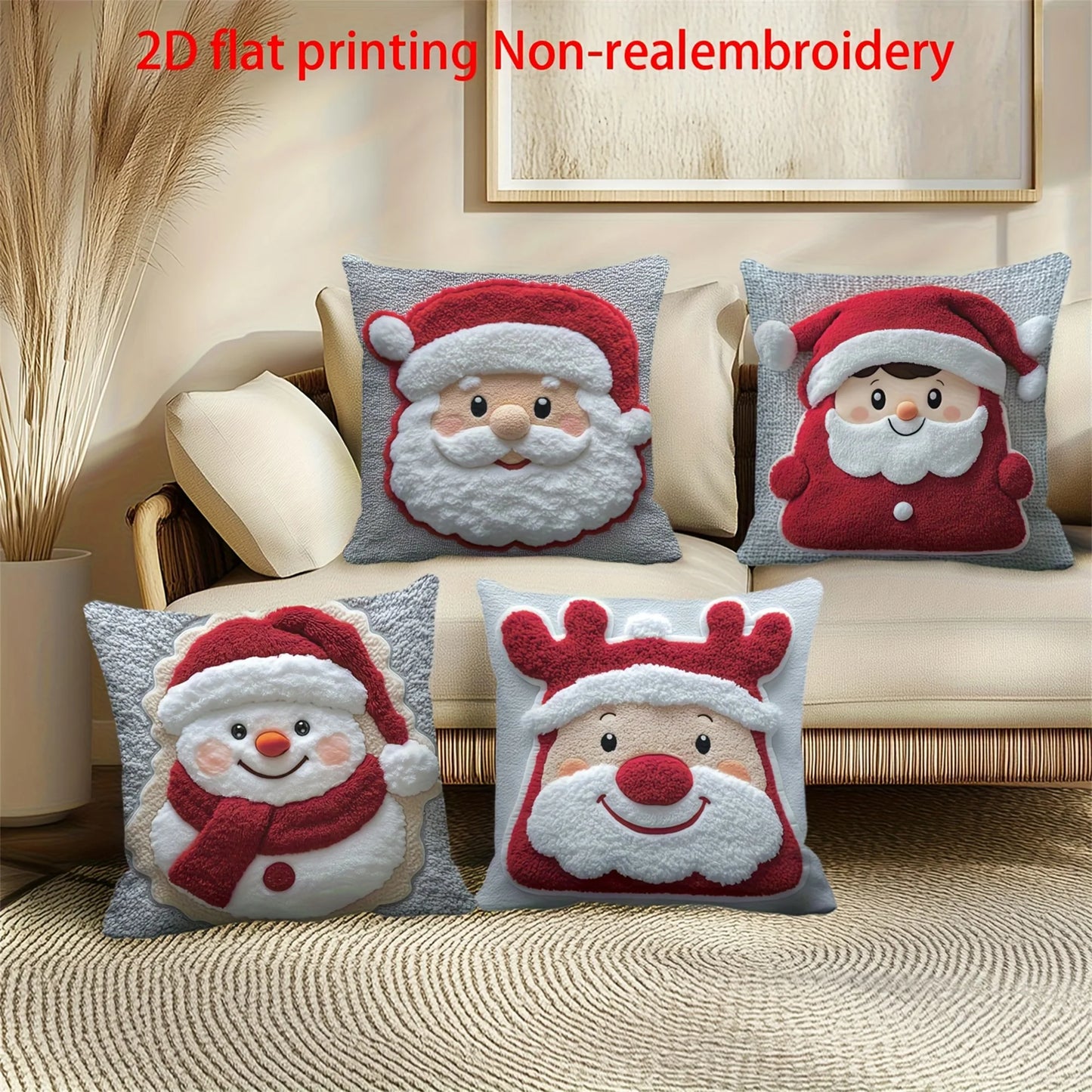 Set of 4 Christmas Pillow Covers with Festive Cartoon Prints - Decorative Holiday Cushion Cases for Sofa Couch Bed