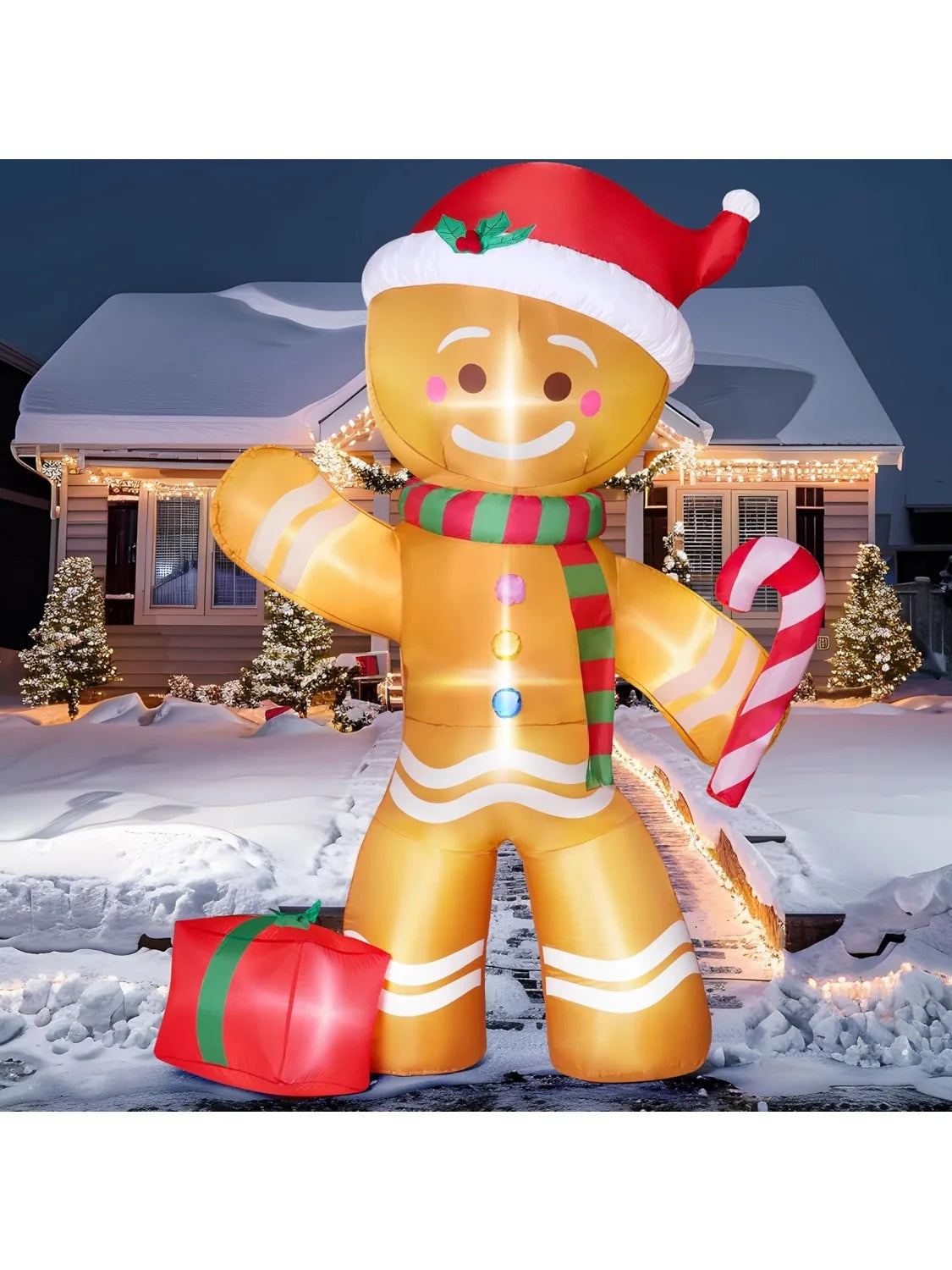 JOYFY 8 FT Christmas Inflatable Gingerbread Man with Candy Cane Blow Up Inflatable Yard Decoration for Xams Party Christmas Gift