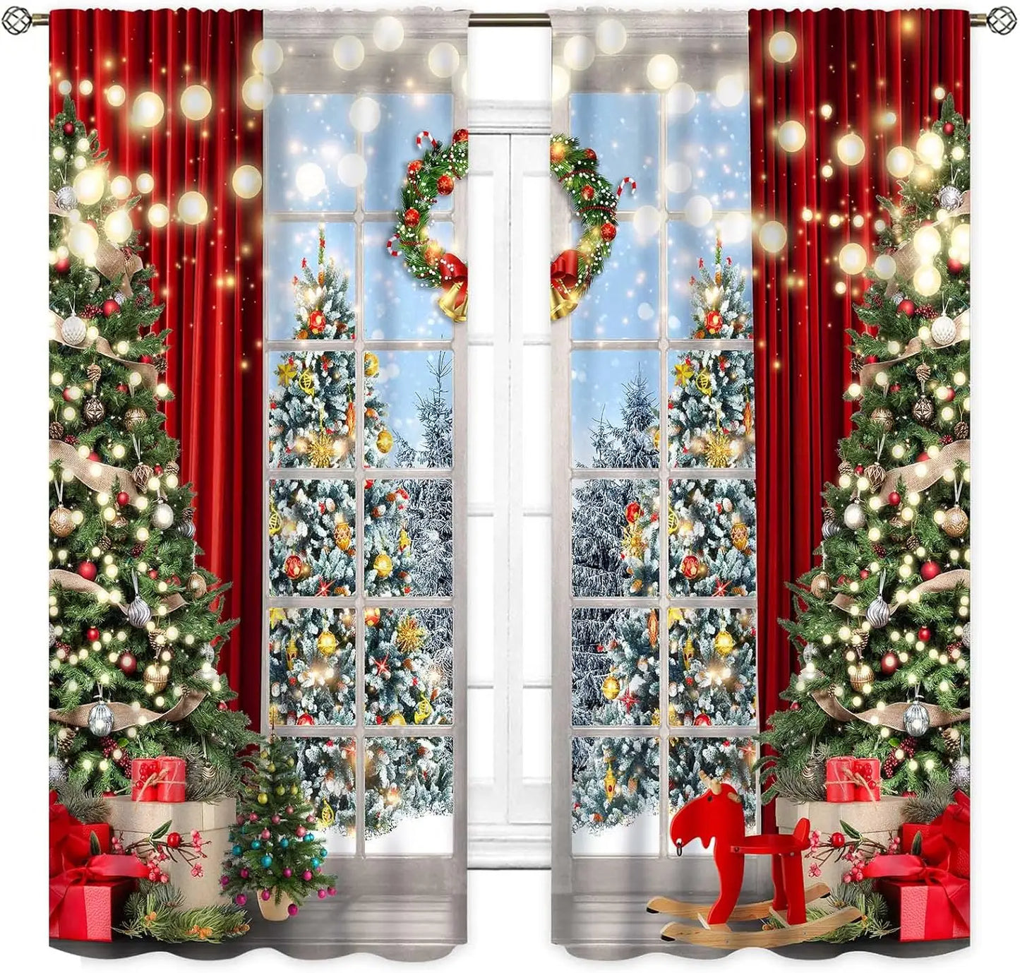 Christmas Tree Curtains, Xmas New Year Winter Snow Forest Merry Christmas Tree Shaped Party Decor Window Drapery Treatments for