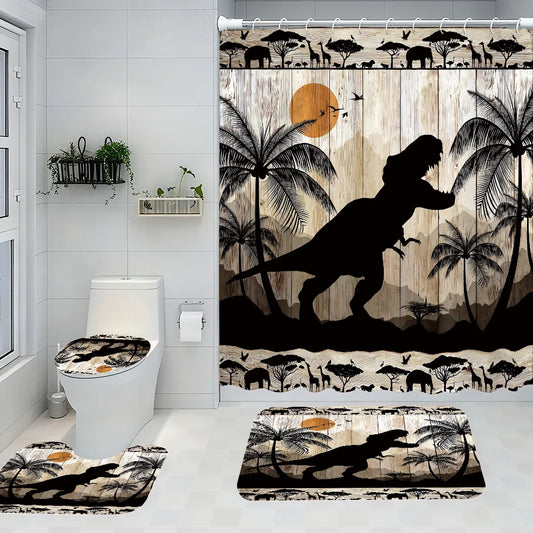 Dinosaur Bathroom Four-piece Set - Avant-garde Waterproof Shower Curtain, creating a complete bathroom kit