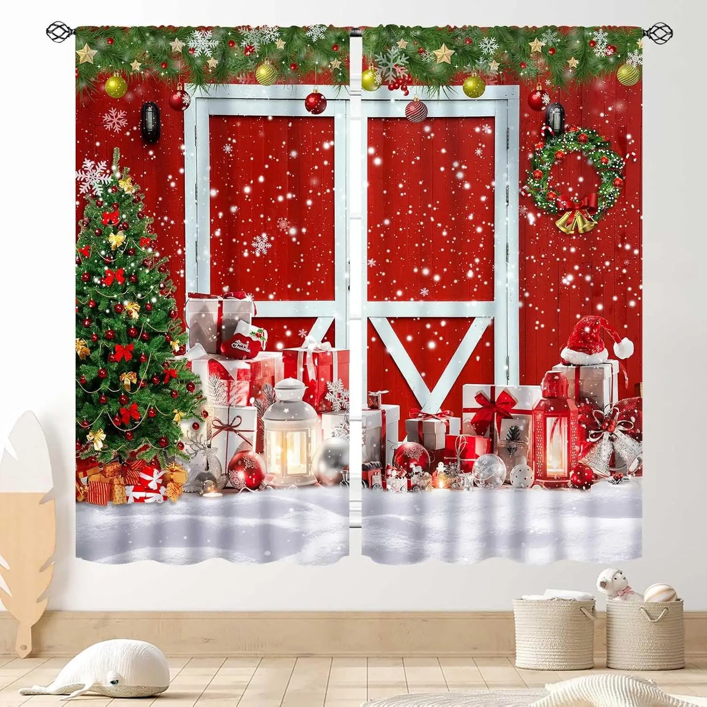 Christmas Tree Curtains, Xmas New Year Winter Snow Forest Merry Christmas Tree Shaped Party Decor Window Drapery Treatments for