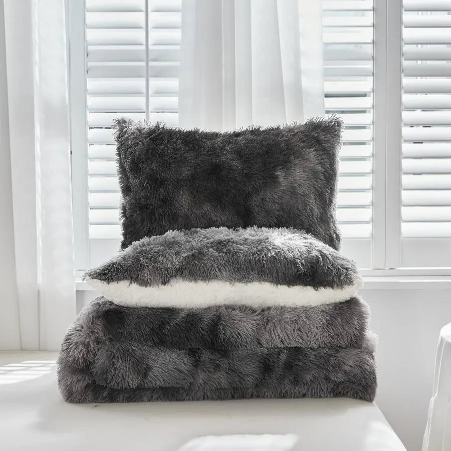 Faux Fur Shaggy Comforter Set Full Queen Size, Plush amp Sherpa Reversible Comforter Tie Dye Black, 3 Pieces Fluffy Fuzzy Beddin