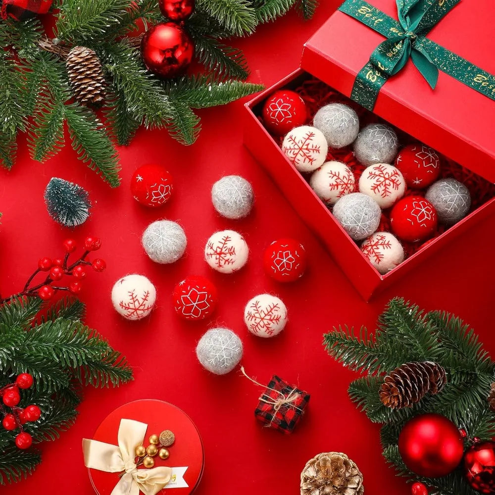 24 Pcs Felt Christmas Ornaments Balls Snowflake Xmas Hanging Wool Felt Balls Large Christmas Ball Tree Ornaments Felted Ball Dec