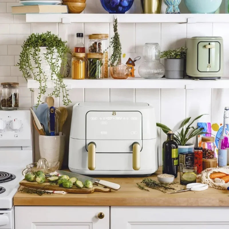Beautiful 9 QT TriZone Air Fryer, White Icing by Drew Barrymore non stick cooking pot set
