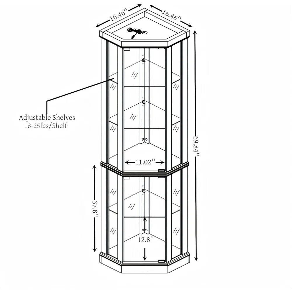 70" H Lighted Corner Curio Cabinet, Glass Display Cabinet with Tempered Glass Door and 5 Shelves, Light Bulb Included, Rack for