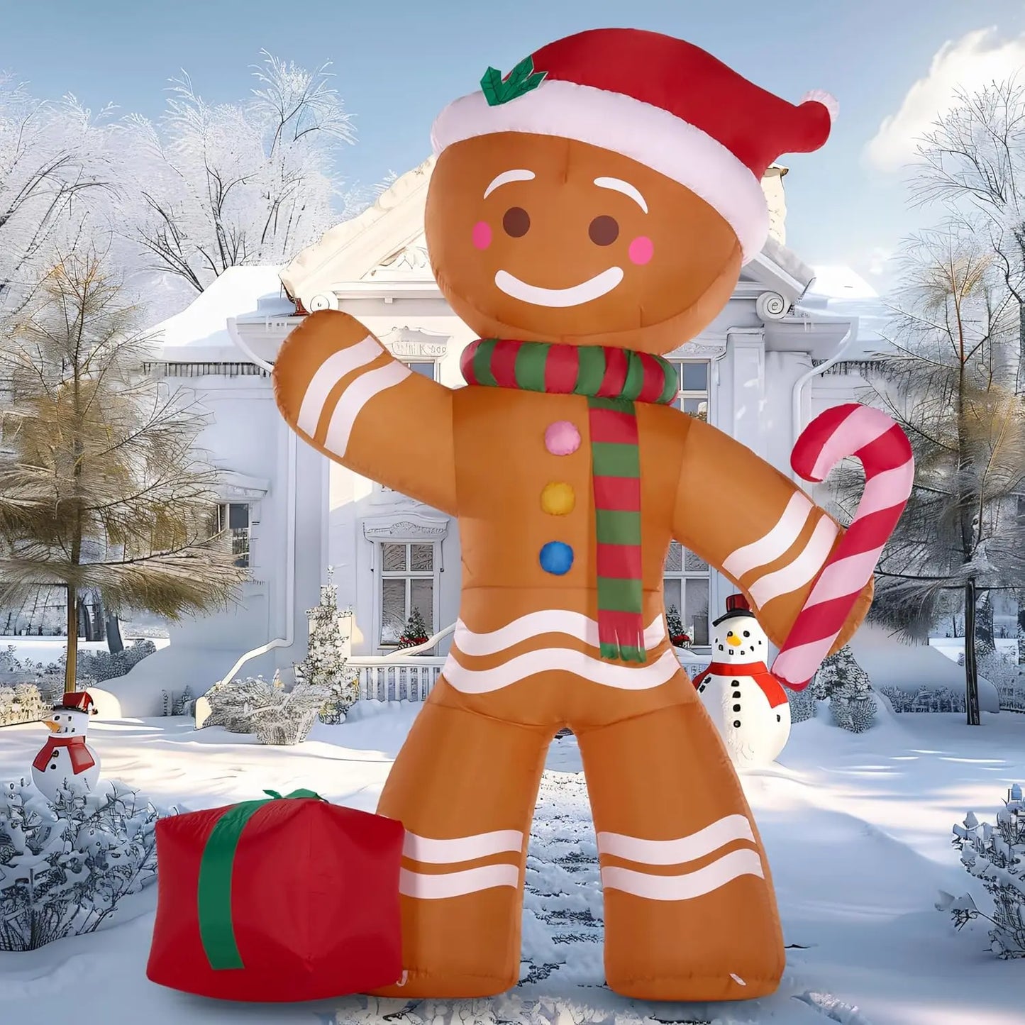 JOYFY 8 FT Christmas Inflatable Gingerbread Man with Candy Cane with Build-in LEDs for Xams Party Outdoor Décor