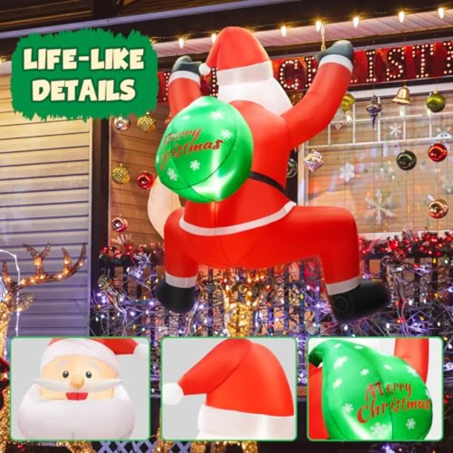 6FT Christmas Inflatable Decorations Hanging Santa Builtin Bright LEDs Climbing Santa Claus with Gift Bag for Window Wall Outdo