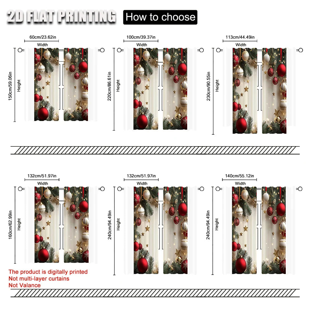 2Pcs Festive Golden And Red Ball Pine Leaves Design Christmas Window Curtains Polyester Rod Pocket Design For Living Room