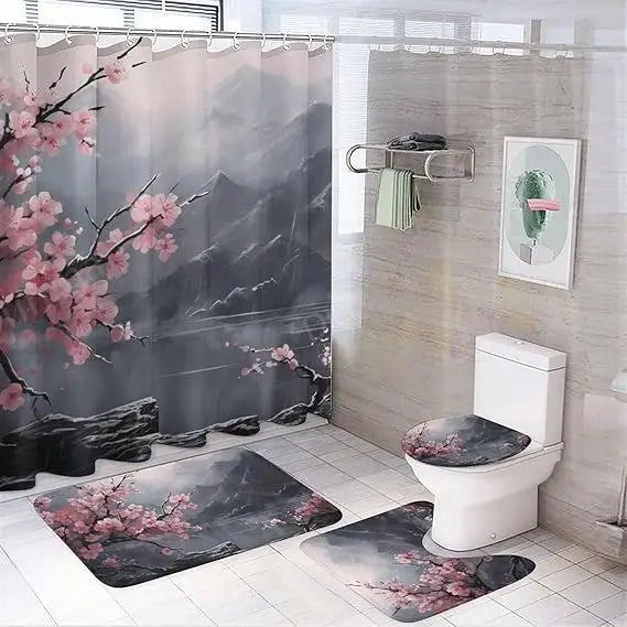 antique cherry blossom shower curtain and rug set, waterproof bathroom decor with nature theme